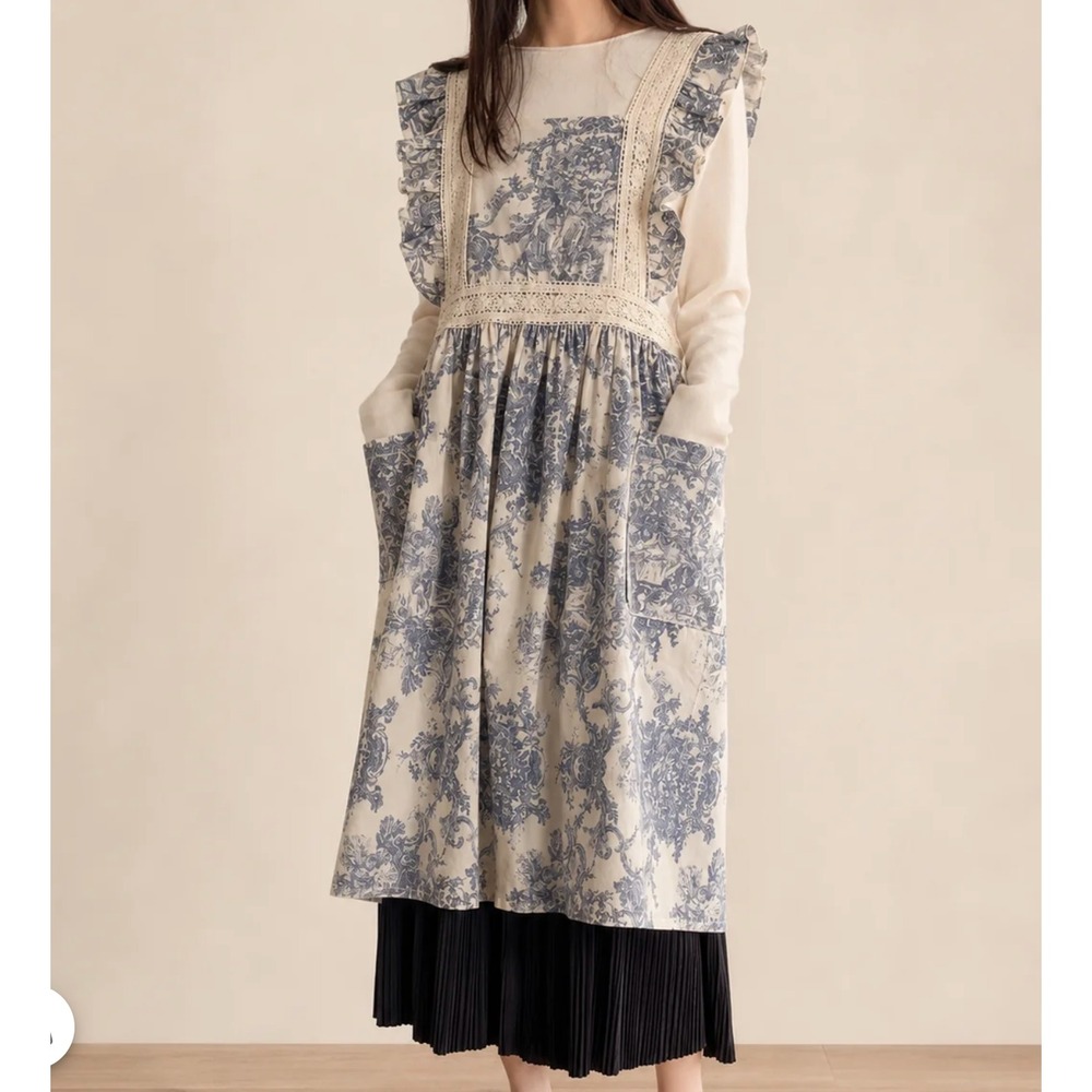 Romantic Toile Apron Dress Blue Gray Floral Lace Ruffle Cottagecore Pinafore